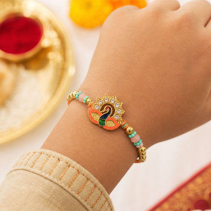 Peacock Kundan Designer Rakhi with Pearl Beaded Festive Detail
