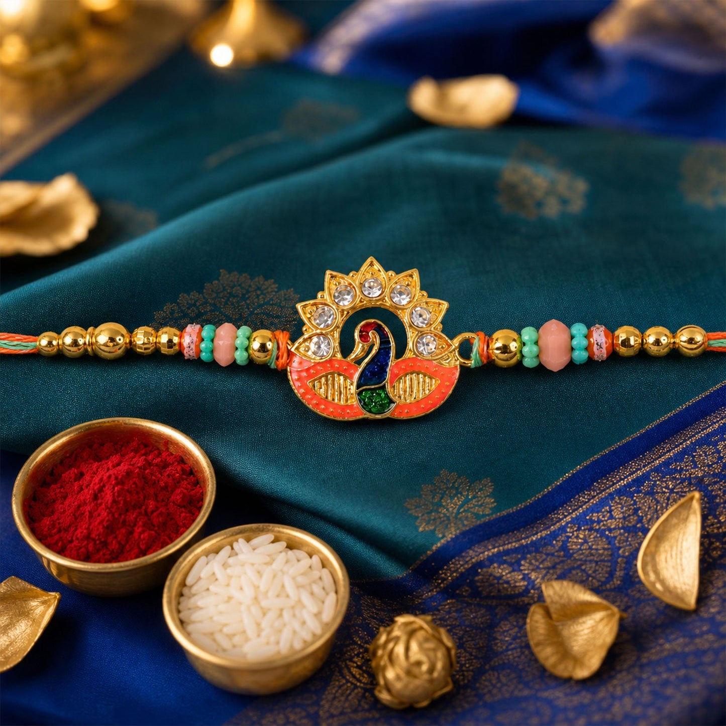 Peacock Kundan Designer Rakhi with Pearl Beaded Festive Detail