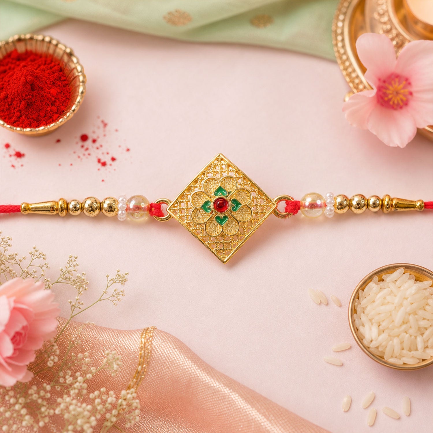 Floral Stone Designer Rakhi with Beaded Traditional Detailing