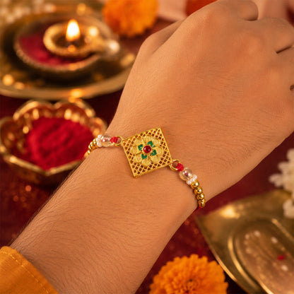 Floral Stone Designer Rakhi with Beaded Traditional Detailing