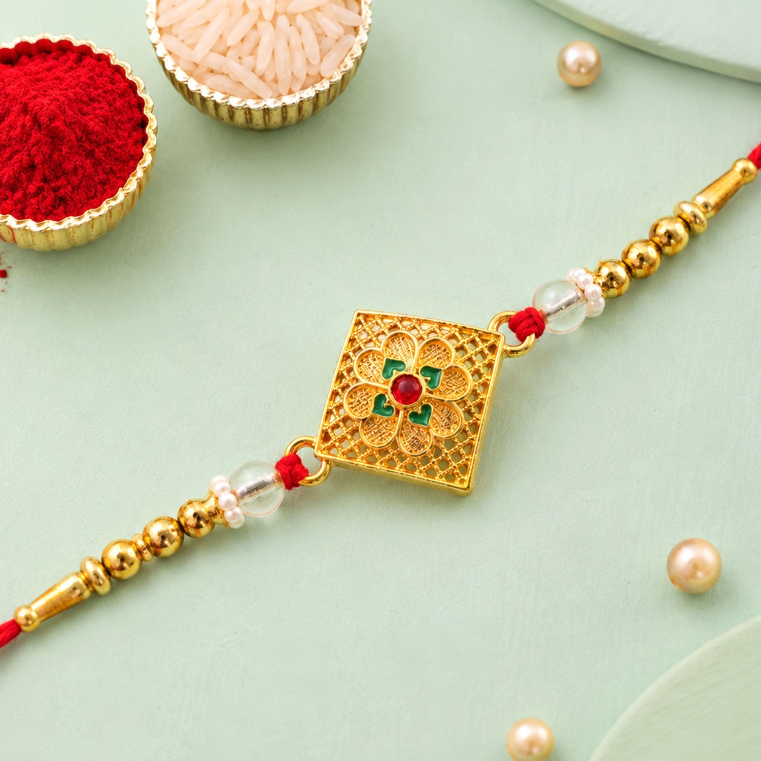 Floral Stone Designer Rakhi with Beaded Traditional Detailing