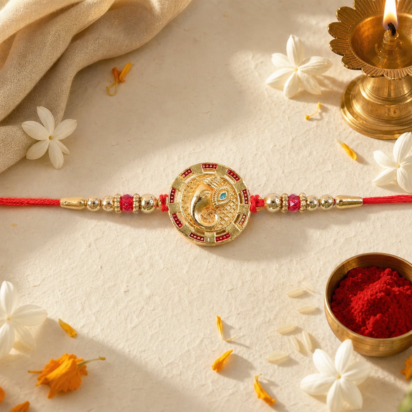 Round Ganesha Kundan Designer Rakhi with Beaded Festive Detail Pattern