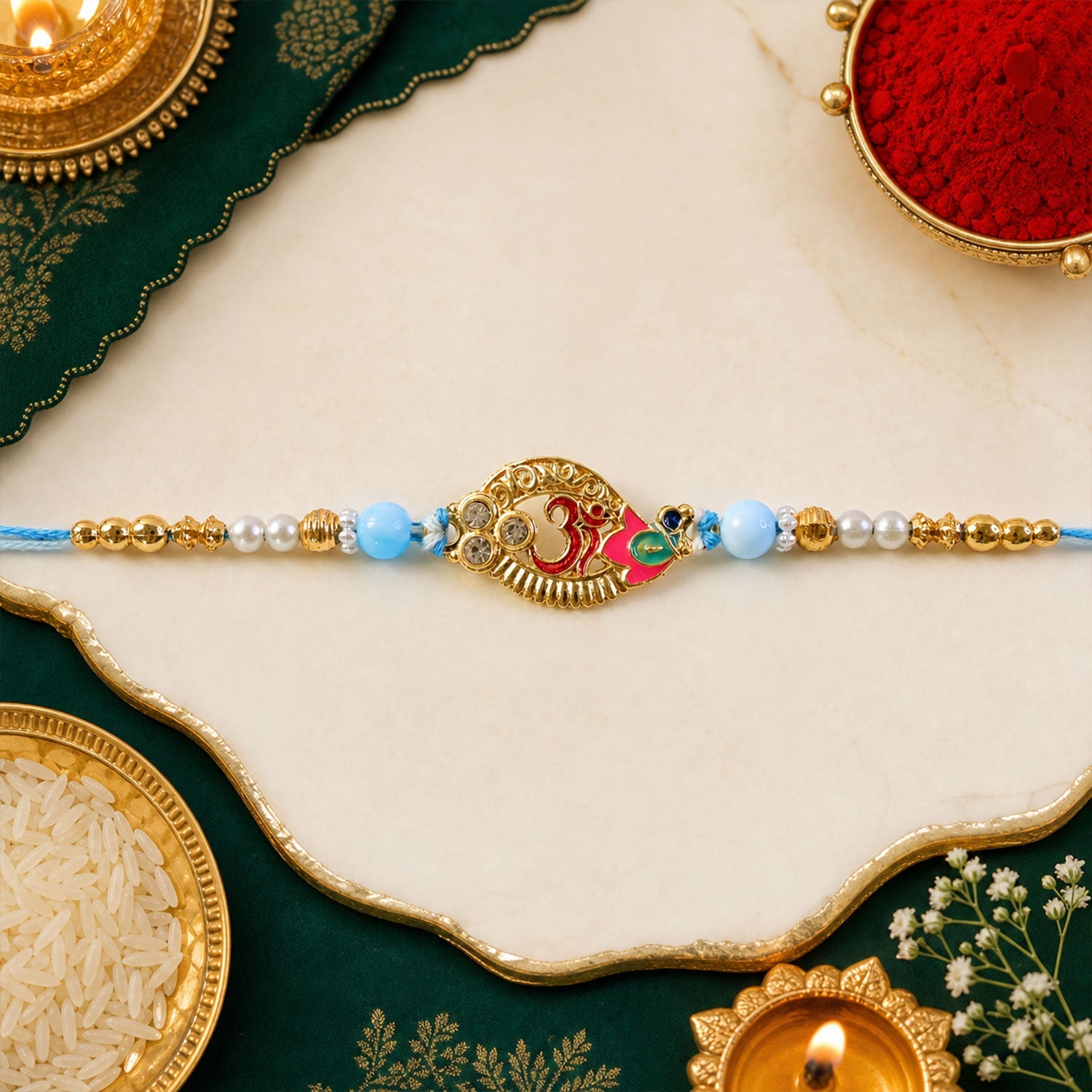 Om Motif Designer Rakhi with Pearl Beaded Traditional Detail