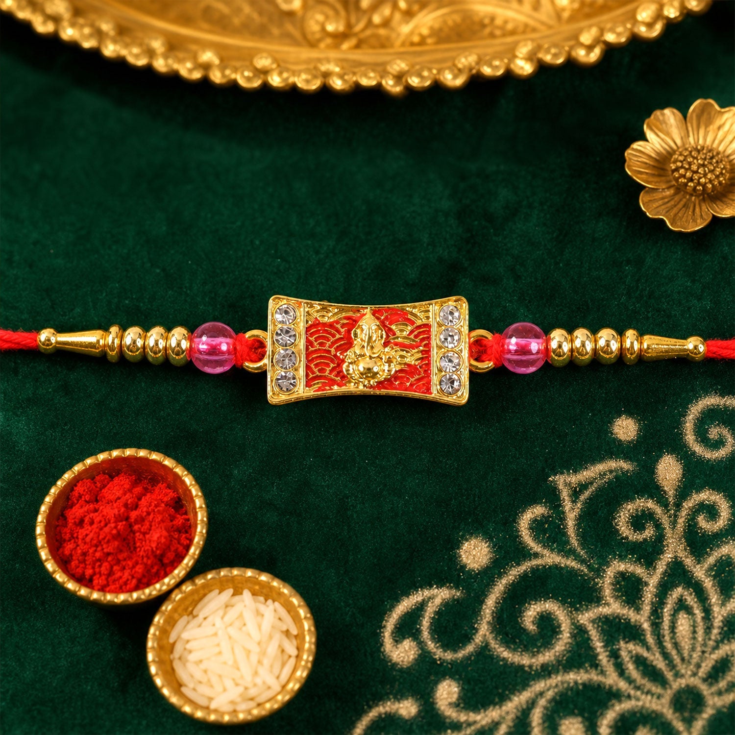 Ganesh Motif Designer Rakhi with Kundan Beaded Festive Detail