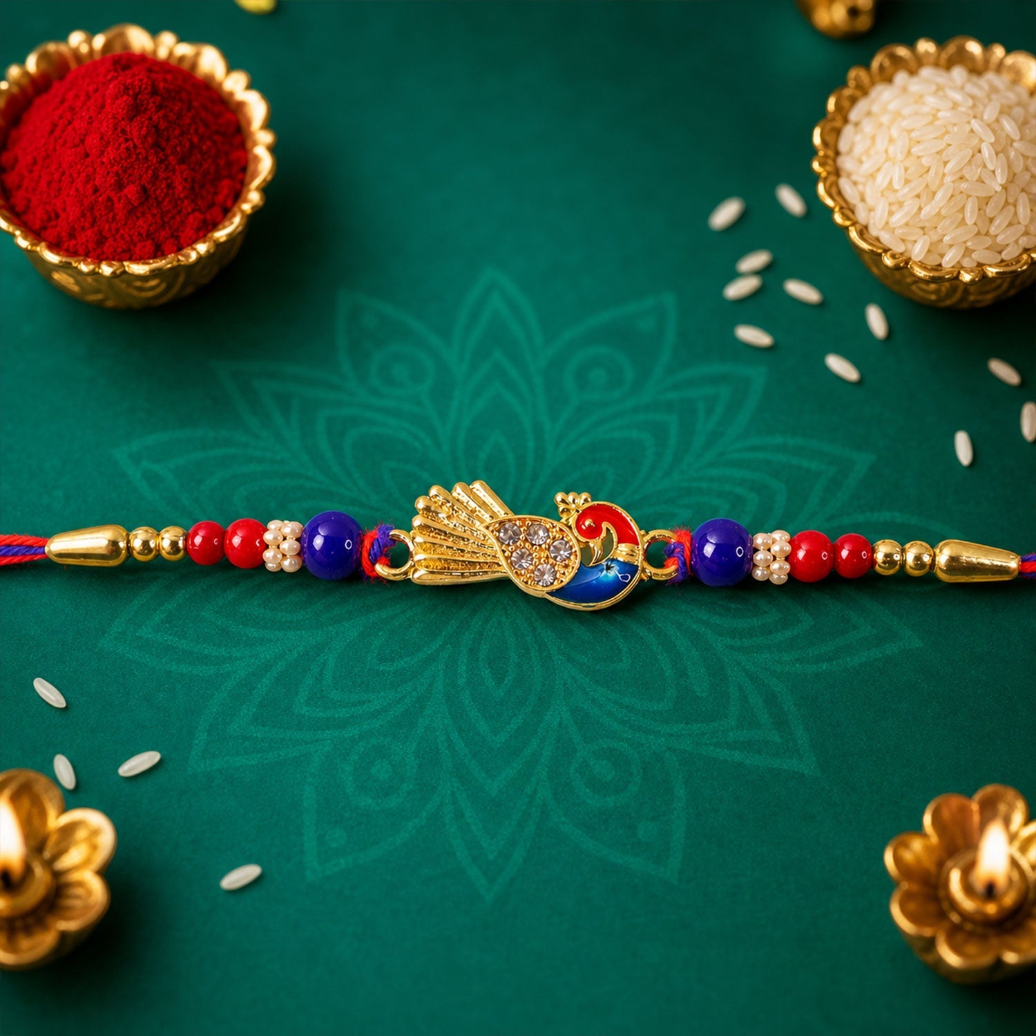 Peacock Charm Designer Rakhi with Beaded Traditional Detailing