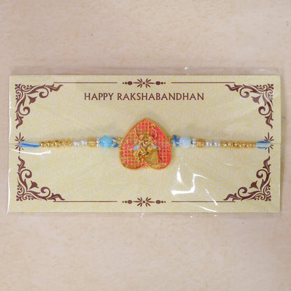 Leaf Shape Radha Krishna Designer Rakhi with Pearl Beaded Festive Detailing