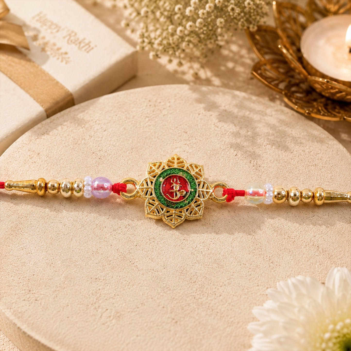 Round Om Motif Designer Rakhi with Beaded Traditional Detail