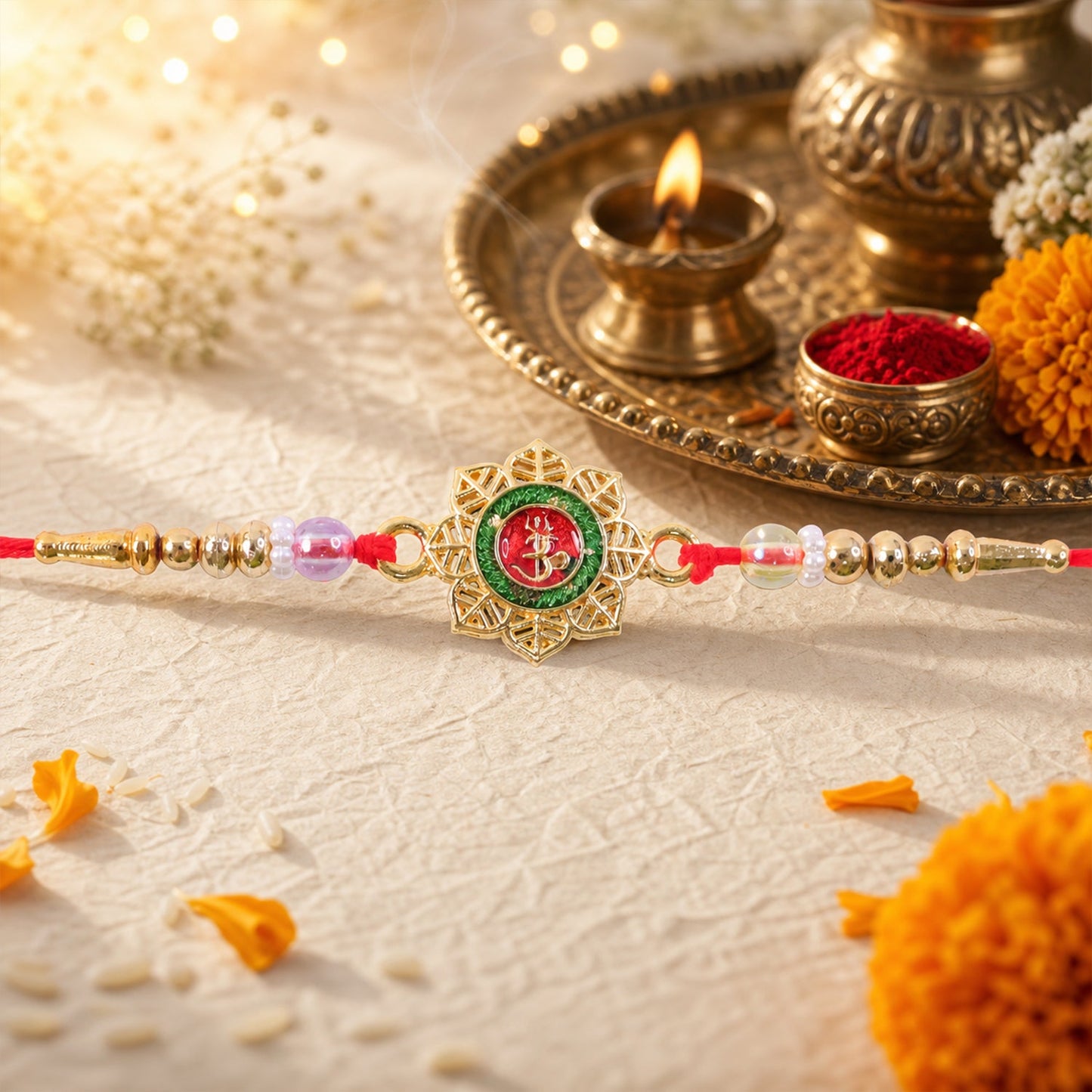 Round Om Motif Designer Rakhi with Beaded Traditional Detail
