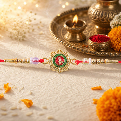 Round Om Motif Designer Rakhi with Beaded Traditional Detail