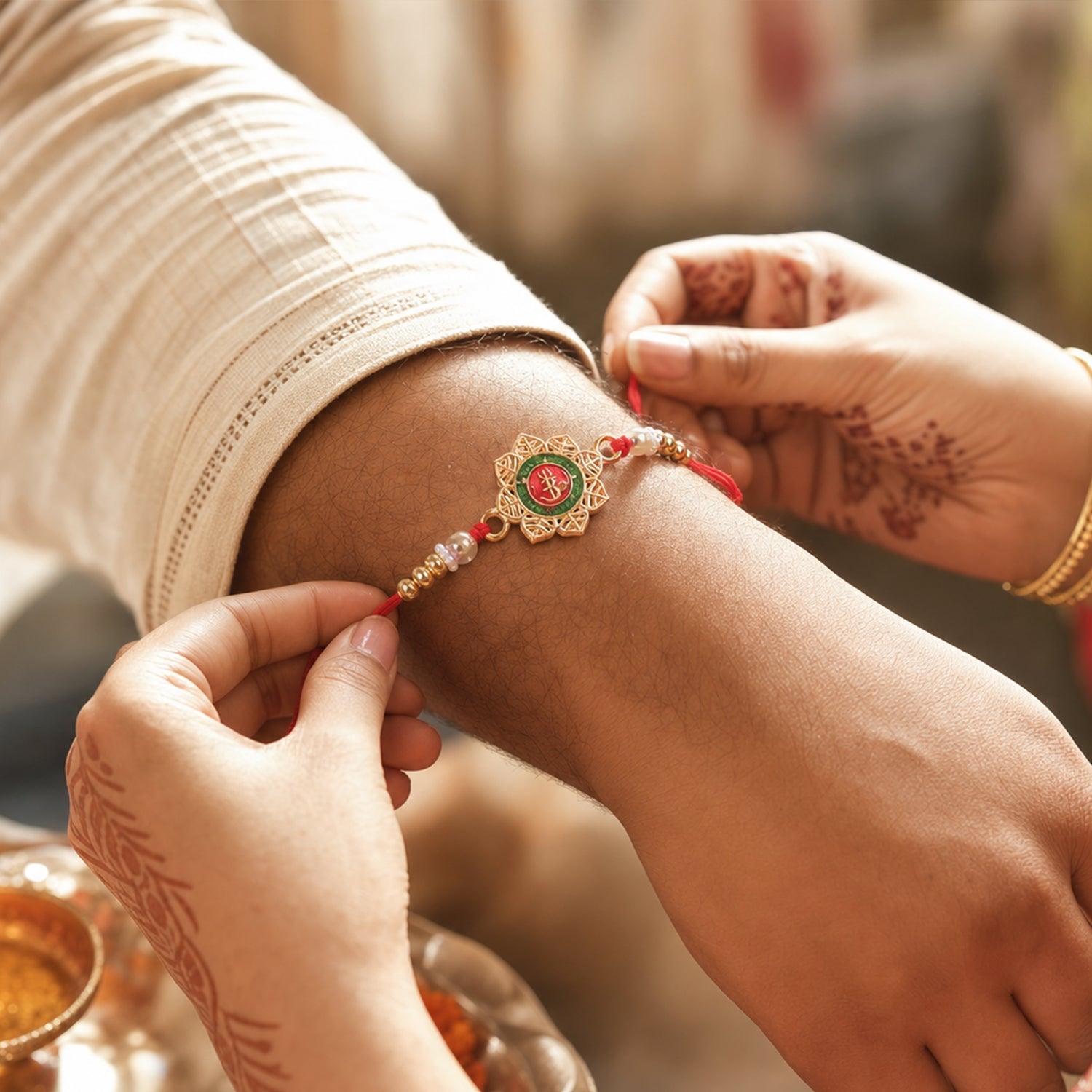 Round Om Motif Designer Rakhi with Beaded Traditional Detail