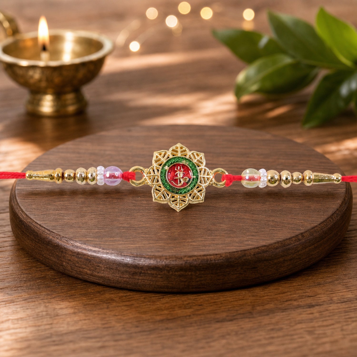 Round Om Motif Designer Rakhi with Beaded Traditional Detail