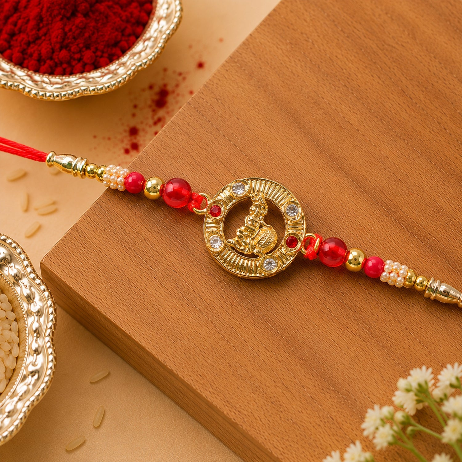 Round Krishna Designer Rakhi with Pearl Beaded Festive Detail