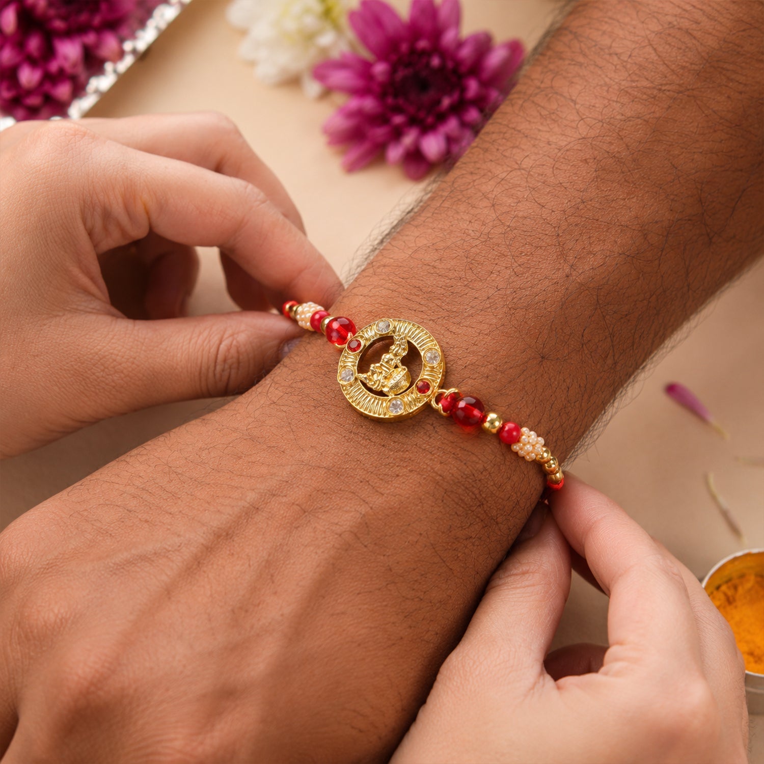 Round Krishna Designer Rakhi with Pearl Beaded Festive Detail