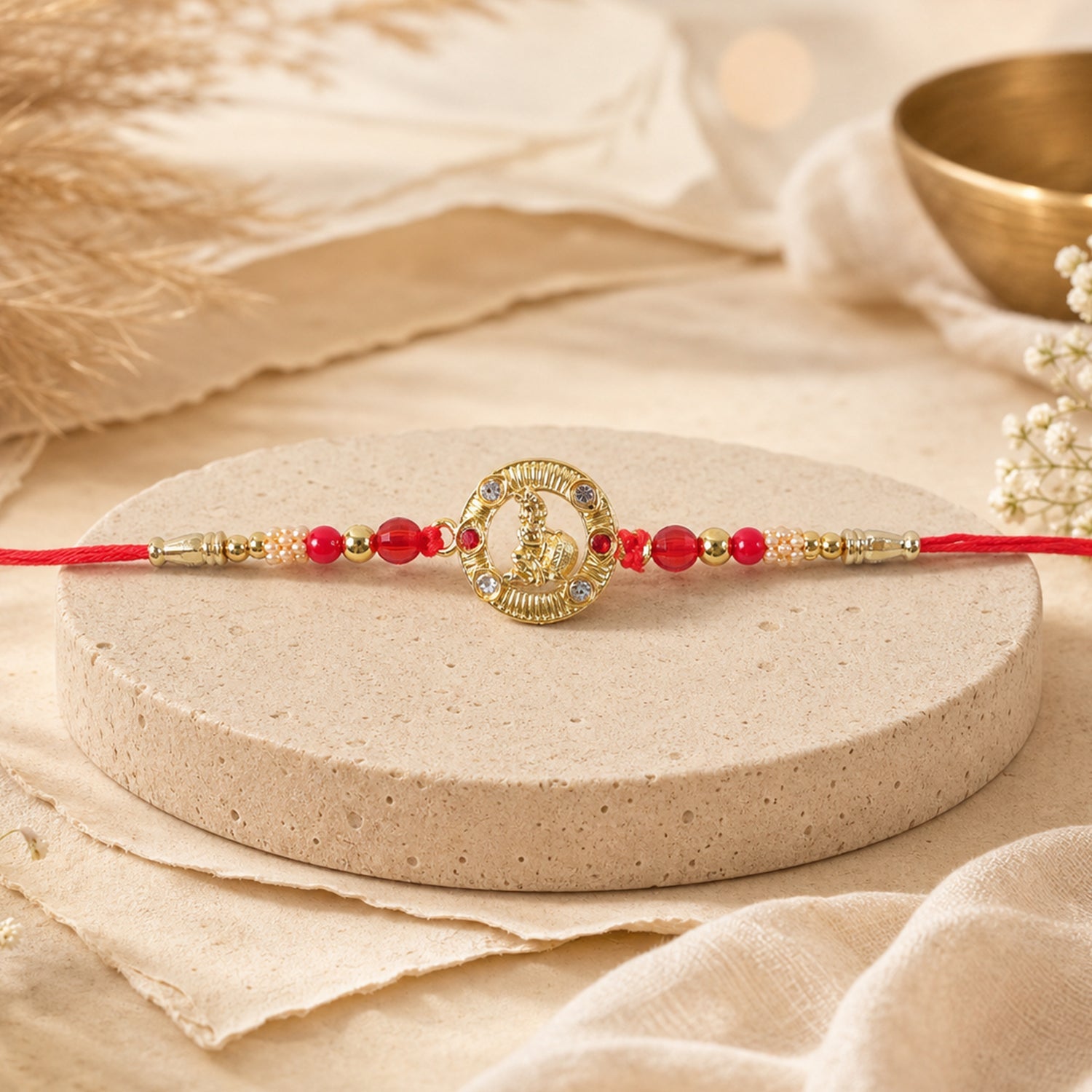 Round Krishna Designer Rakhi with Pearl Beaded Festive Detail