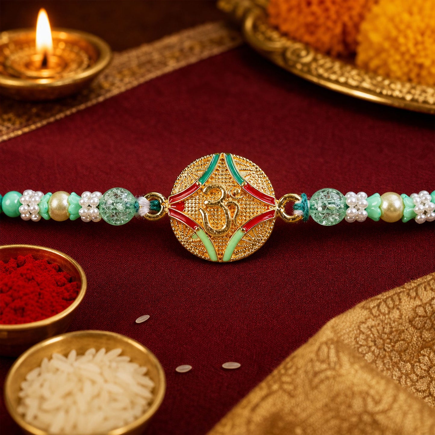 Om Kundan Designer Rakhi with Pearl Beaded Traditional Detail