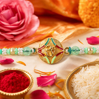 Om Kundan Designer Rakhi with Pearl Beaded Traditional Detail