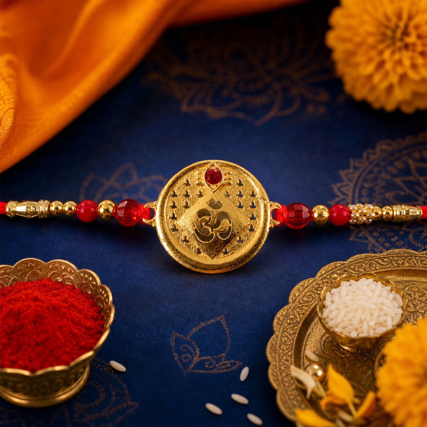 Round Om Coin Designer Rakhi with Stone Beaded Festive Detail