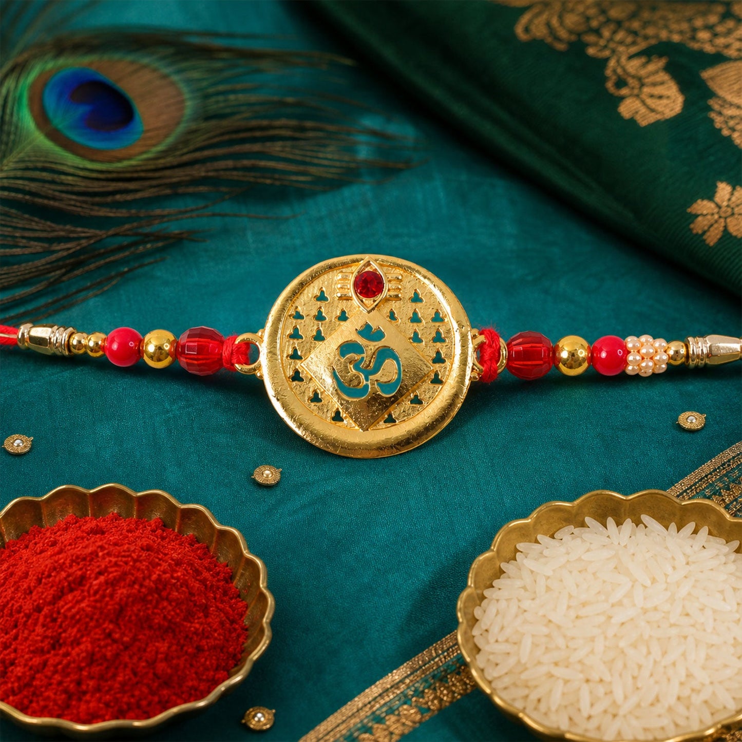 Round Om Coin Designer Rakhi with Stone Beaded Festive Detail