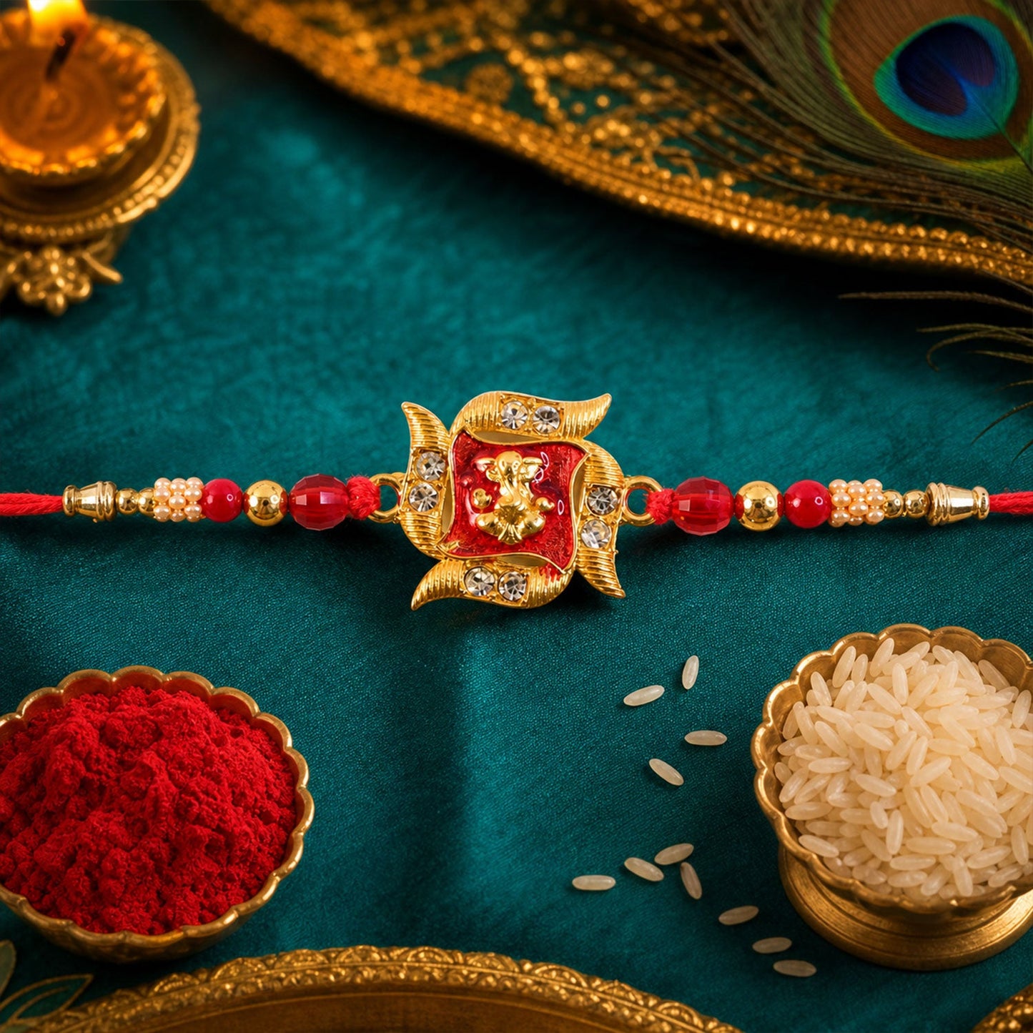 Ganesha Motif Designer Rakhi with Stone Beaded Festive Detail