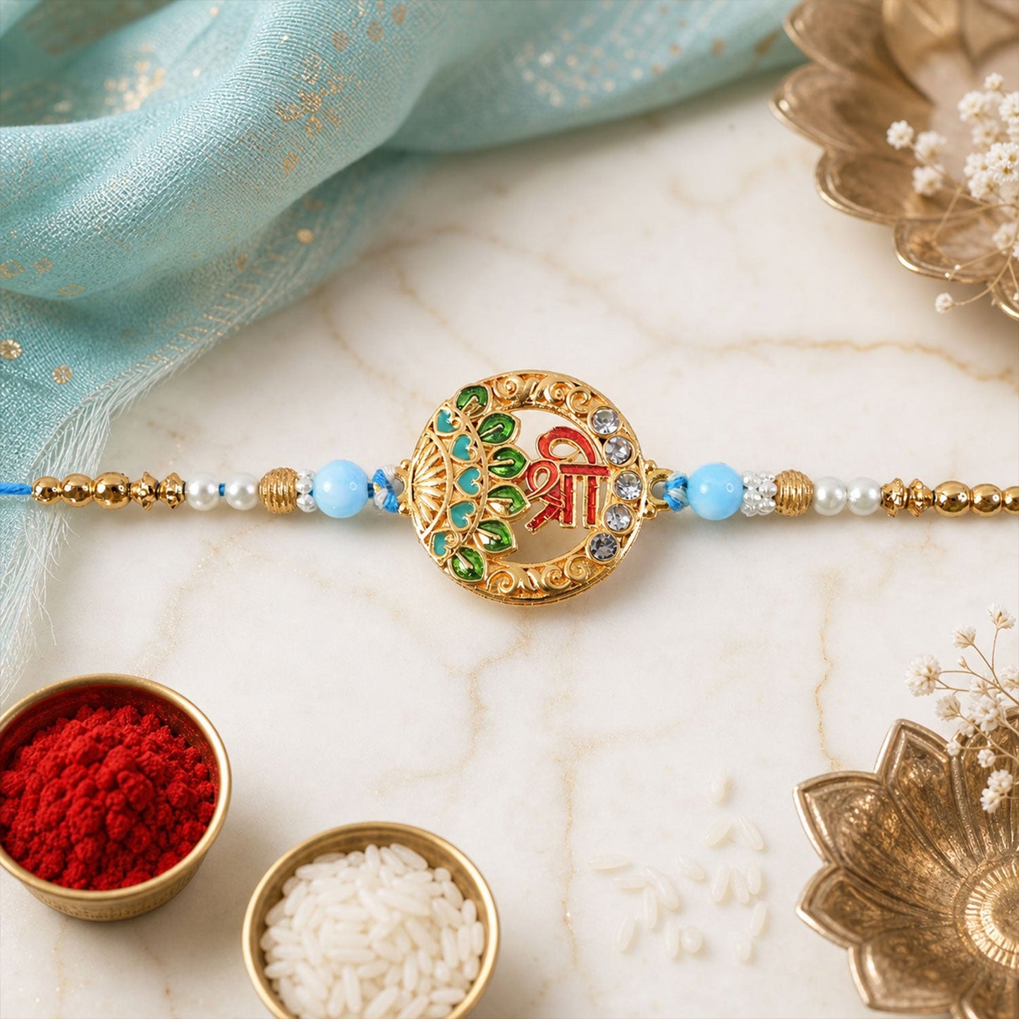 Shree Motif Designer Rakhi with Pearl Beaded Traditional Detail