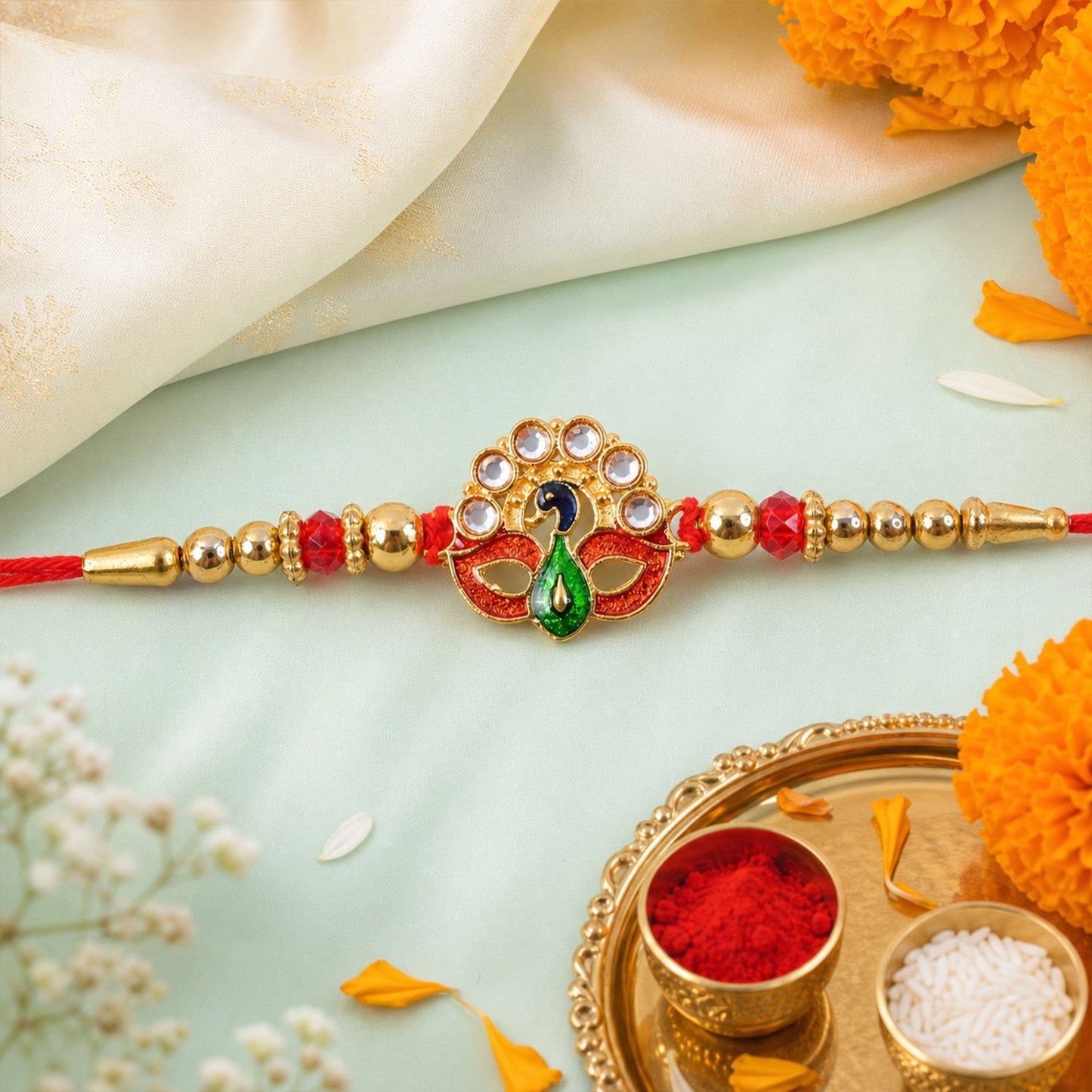 Floral Peacock Designer Rakhi with Stone Beaded Festive Detail