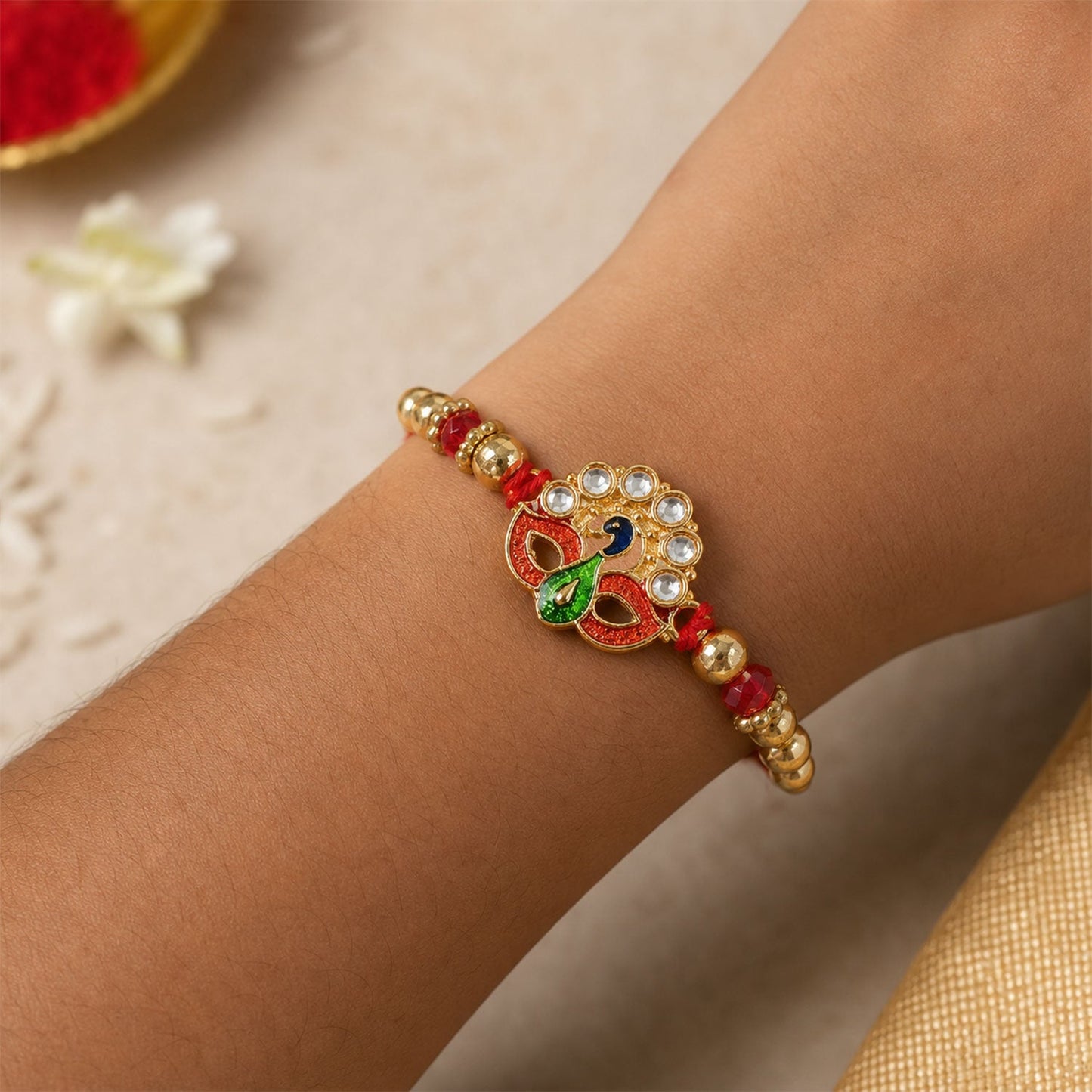 Floral Peacock Designer Rakhi with Stone Beaded Festive Detail