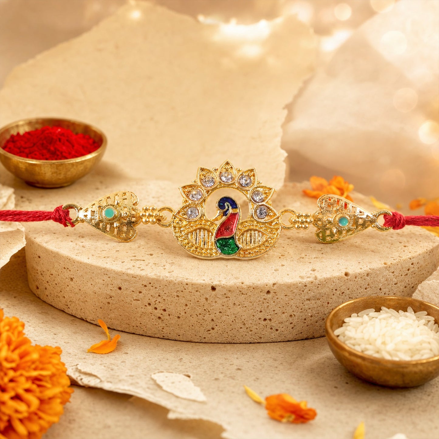 Peacock Kundan Designer Rakhi with Pearl Beaded Traditional Detail