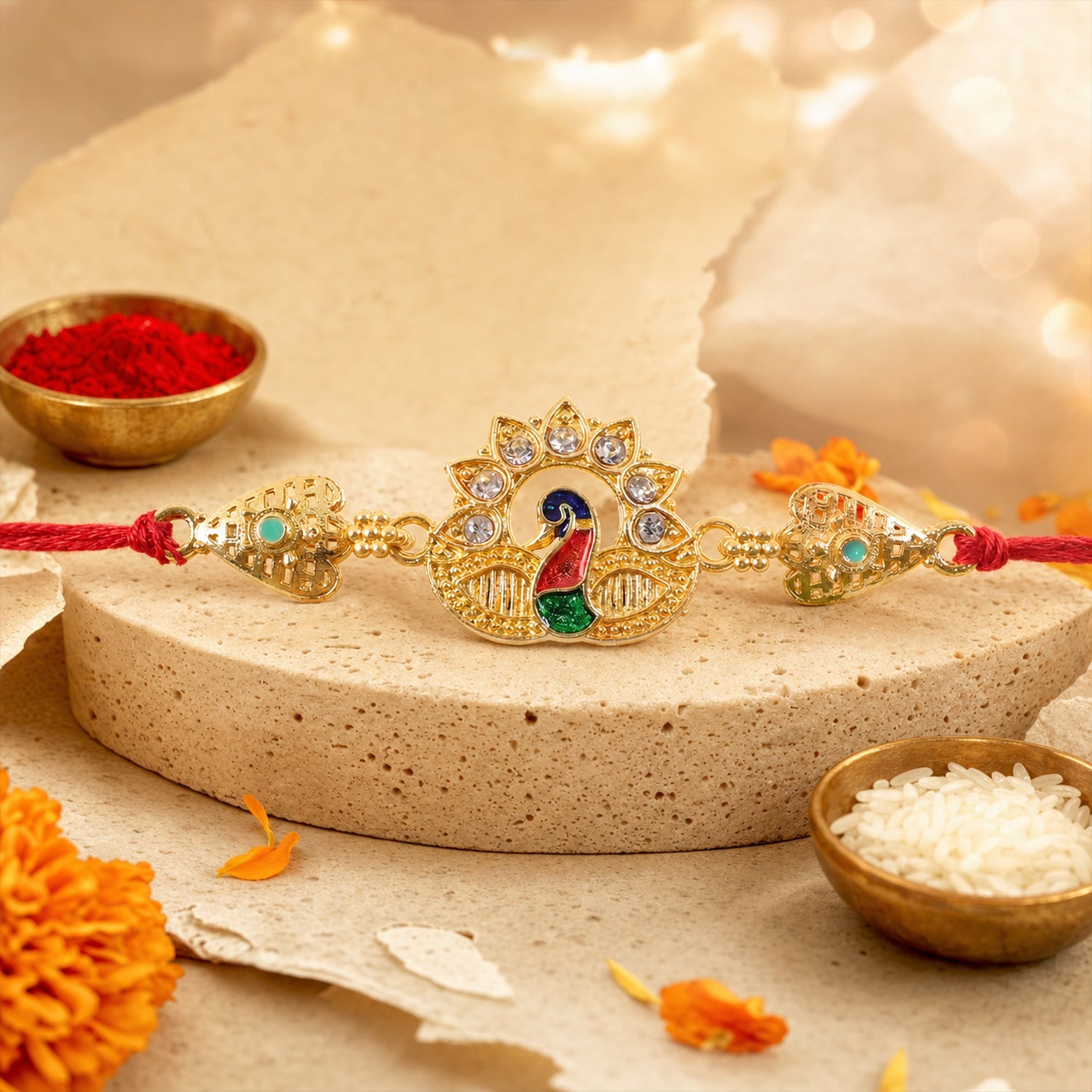 Peacock Kundan Designer Rakhi with Pearl Beaded Traditional Detail