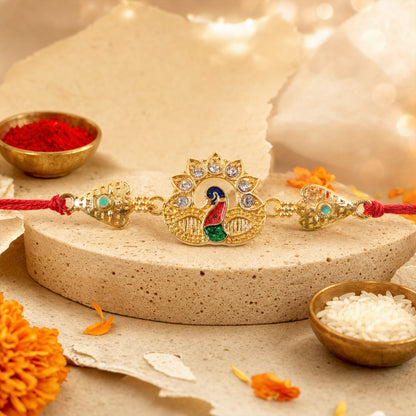 Peacock Kundan Designer Rakhi with Pearl Beaded Traditional Detail