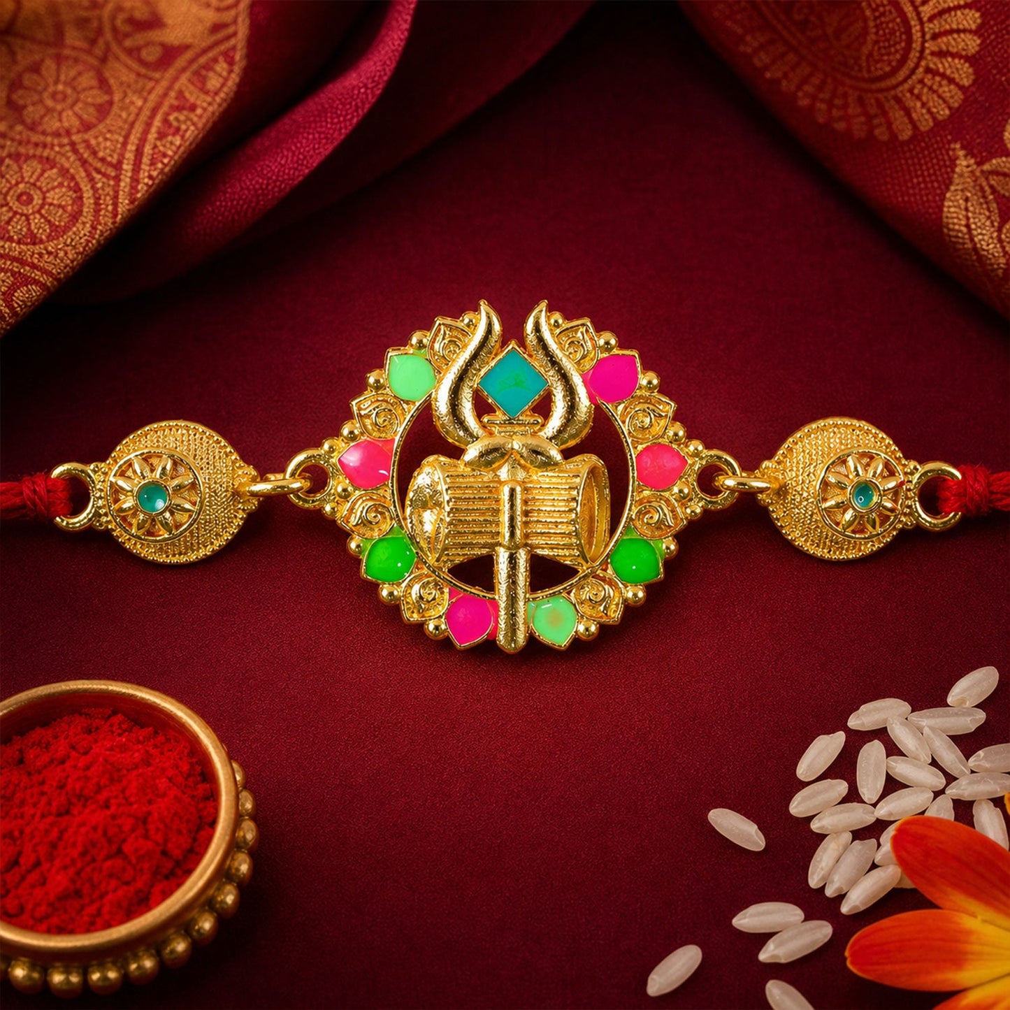Golden Shiv Trishul Damru Meenakari Stone Designer Traditional Rakhi
