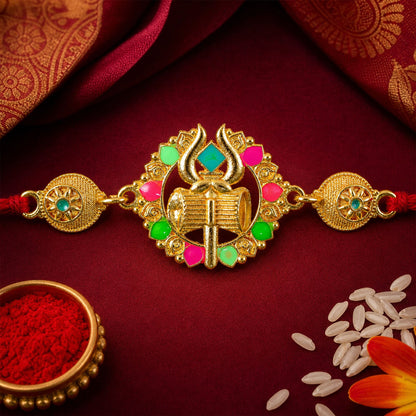 Golden Shiv Trishul Damru Meenakari Stone Designer Traditional Rakhi