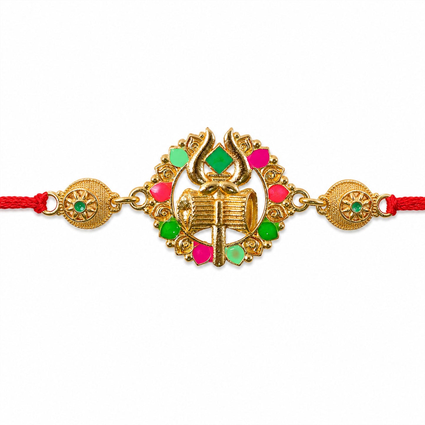 Golden Shiv Trishul Damru Meenakari Stone Designer Traditional Rakhi