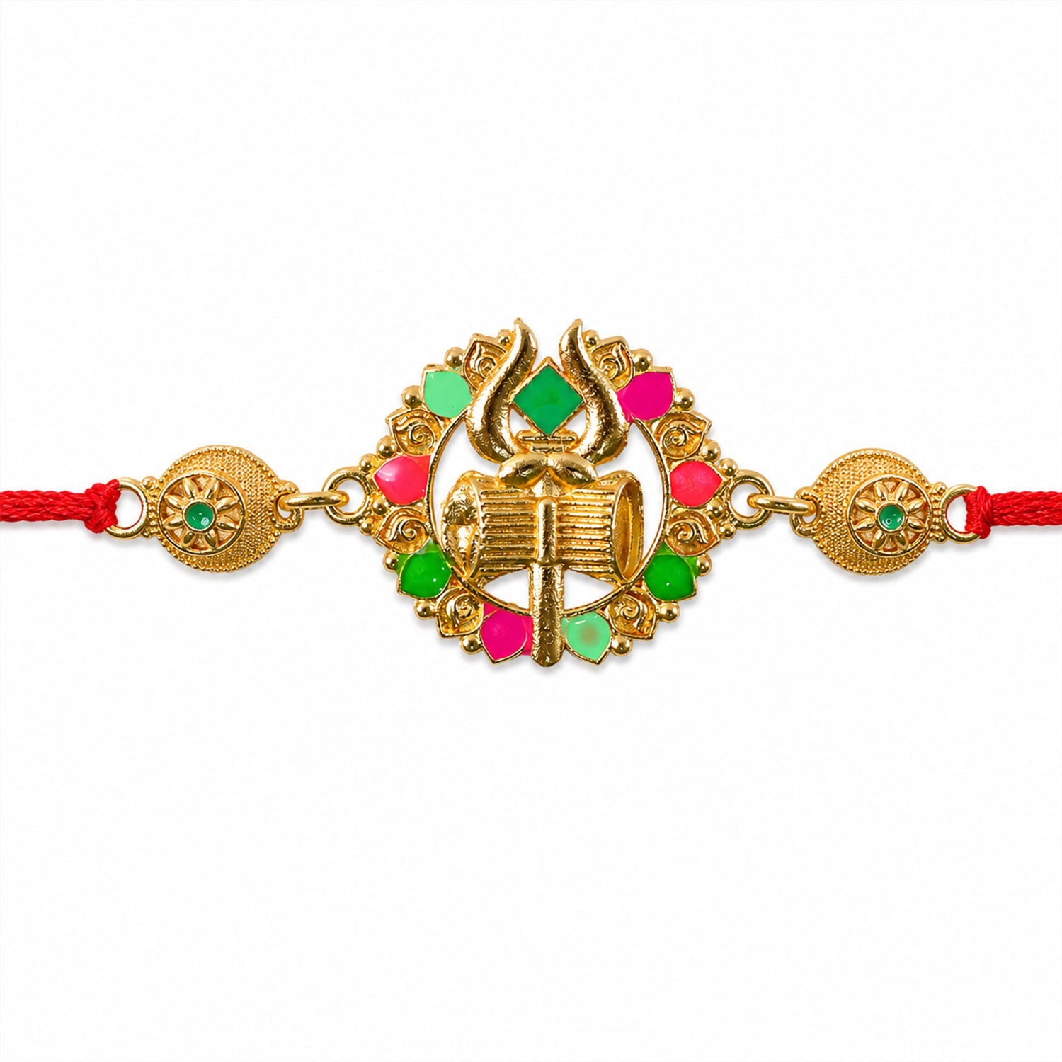 Golden Shiv Trishul Damru Meenakari Stone Designer Traditional Rakhi