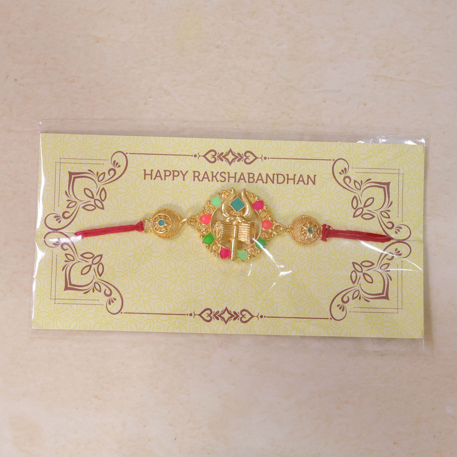 Golden Shiv Trishul Damru Meenakari Stone Designer Traditional Rakhi