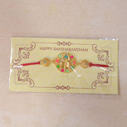 Golden Shiv Trishul Damru Meenakari Stone Designer Traditional Rakhi