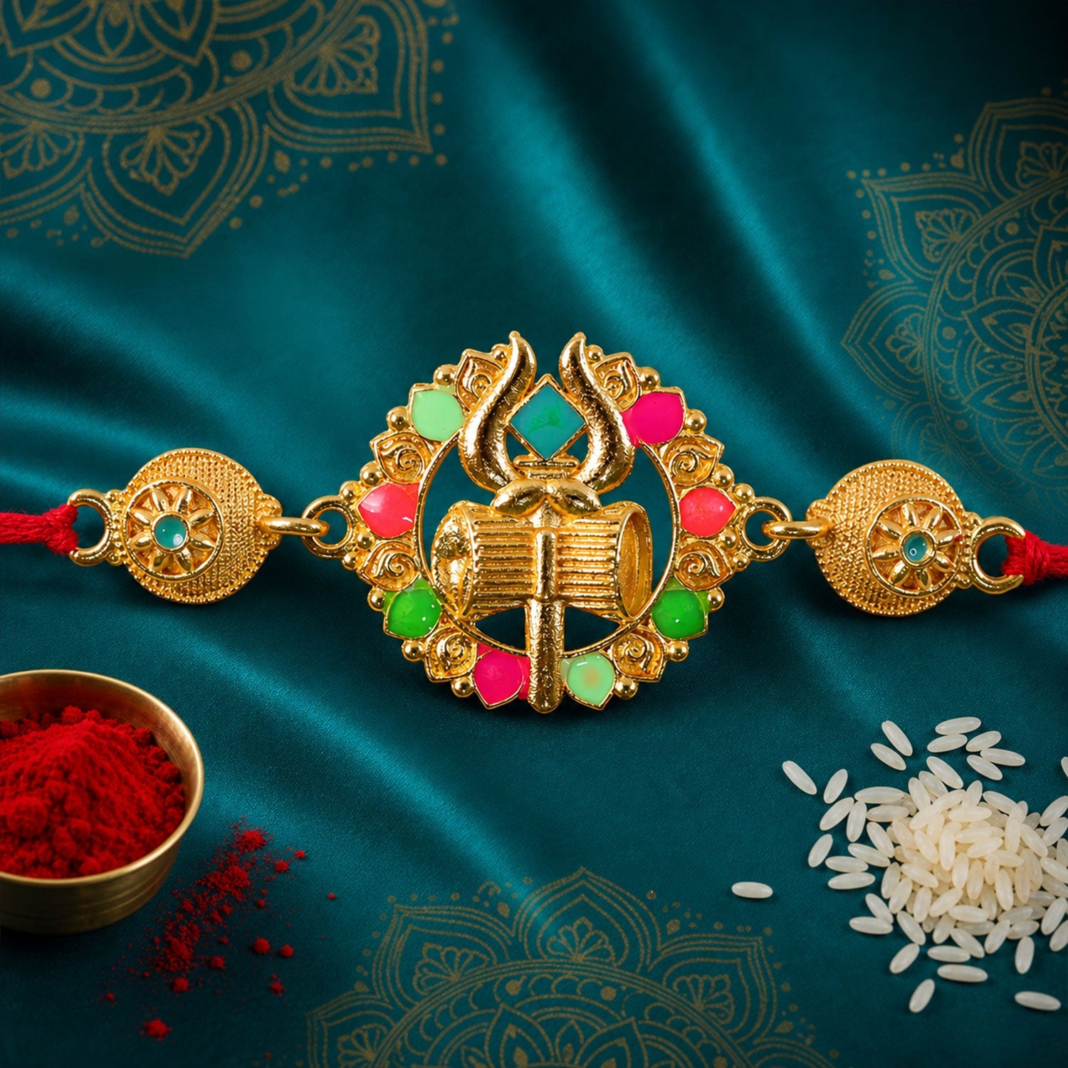 Golden Shiv Trishul Damru Meenakari Stone Designer Traditional Rakhi