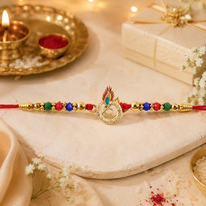Peacock Feather Designer Rakhi with Beaded Festive Detailing Style