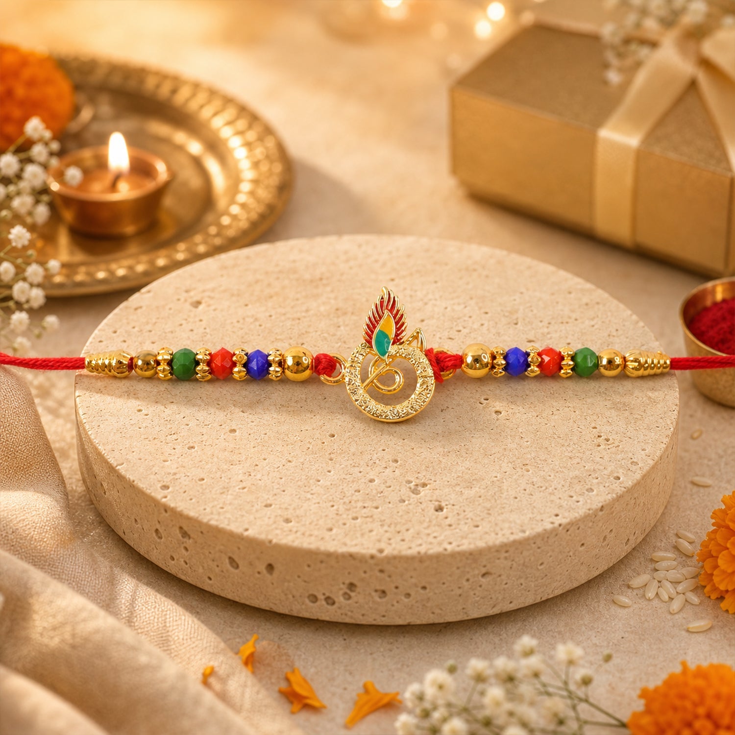 Peacock Feather Designer Rakhi with Beaded Festive Detailing Style