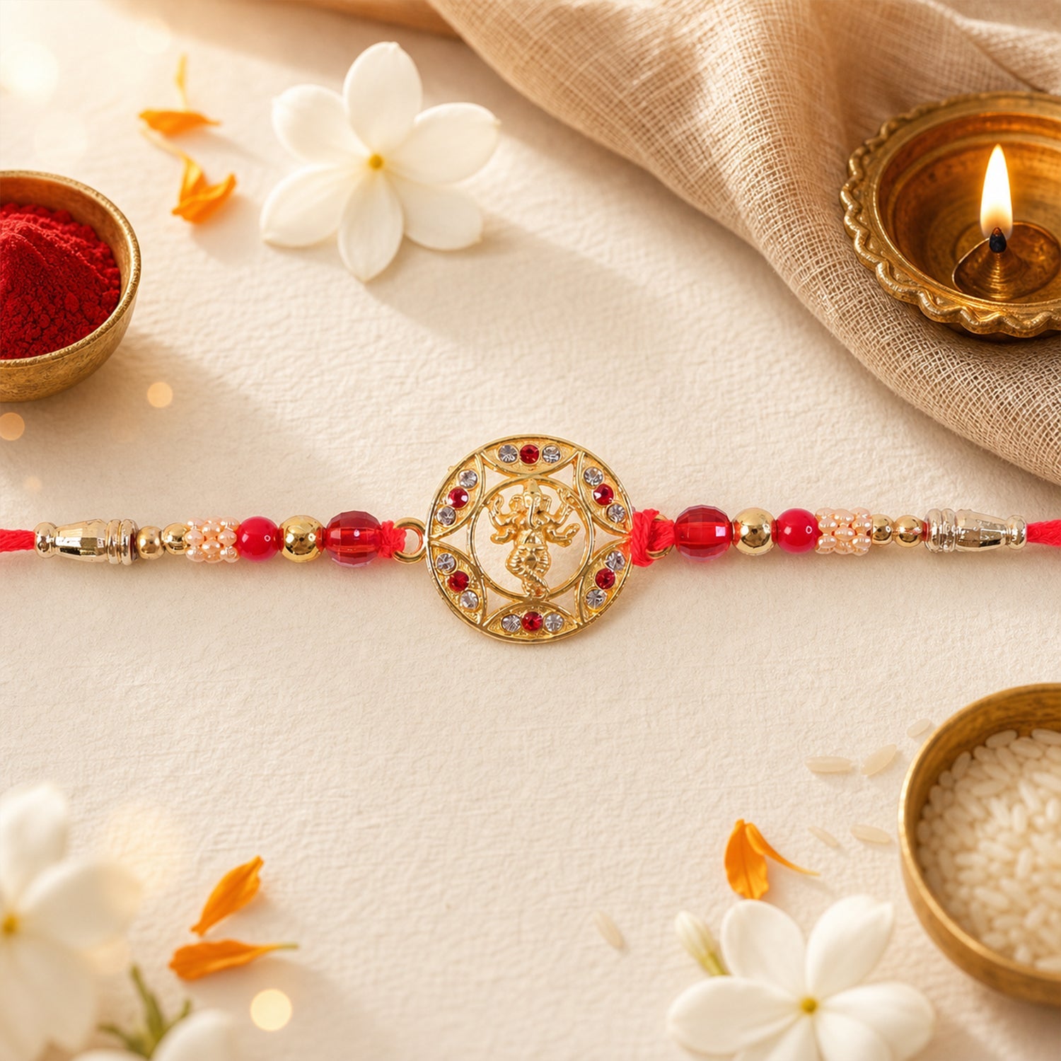 Ganesha Motif Round Designer Rakhi with Stone Beaded Festive Detail Pattern