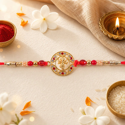 Ganesha Motif Round Designer Rakhi with Stone Beaded Festive Detail Pattern
