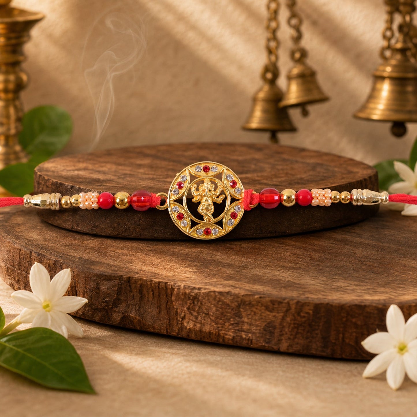 Ganesha Motif Round Designer Rakhi with Stone Beaded Festive Detail Pattern