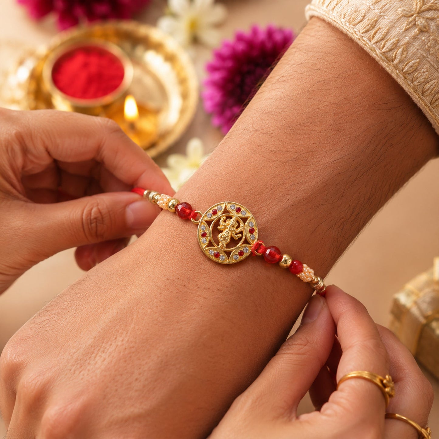 Ganesha Motif Round Designer Rakhi with Stone Beaded Festive Detail Pattern