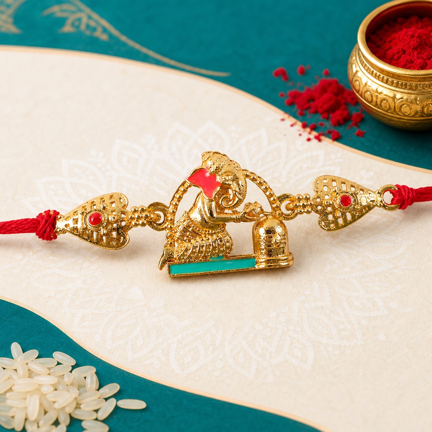 Golden Ganesh Shivling Idol Filigree Enamel Stone Traditional Rakhi