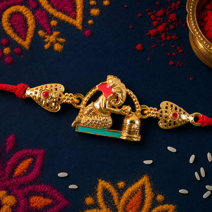 Golden Ganesh Shivling Idol Filigree Enamel Stone Traditional Rakhi