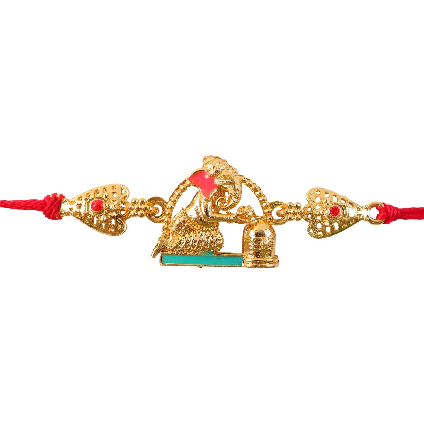 Golden Ganesh Shivling Idol Filigree Enamel Stone Traditional Rakhi
