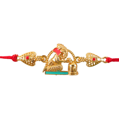 Golden Ganesh Shivling Idol Filigree Enamel Stone Traditional Rakhi