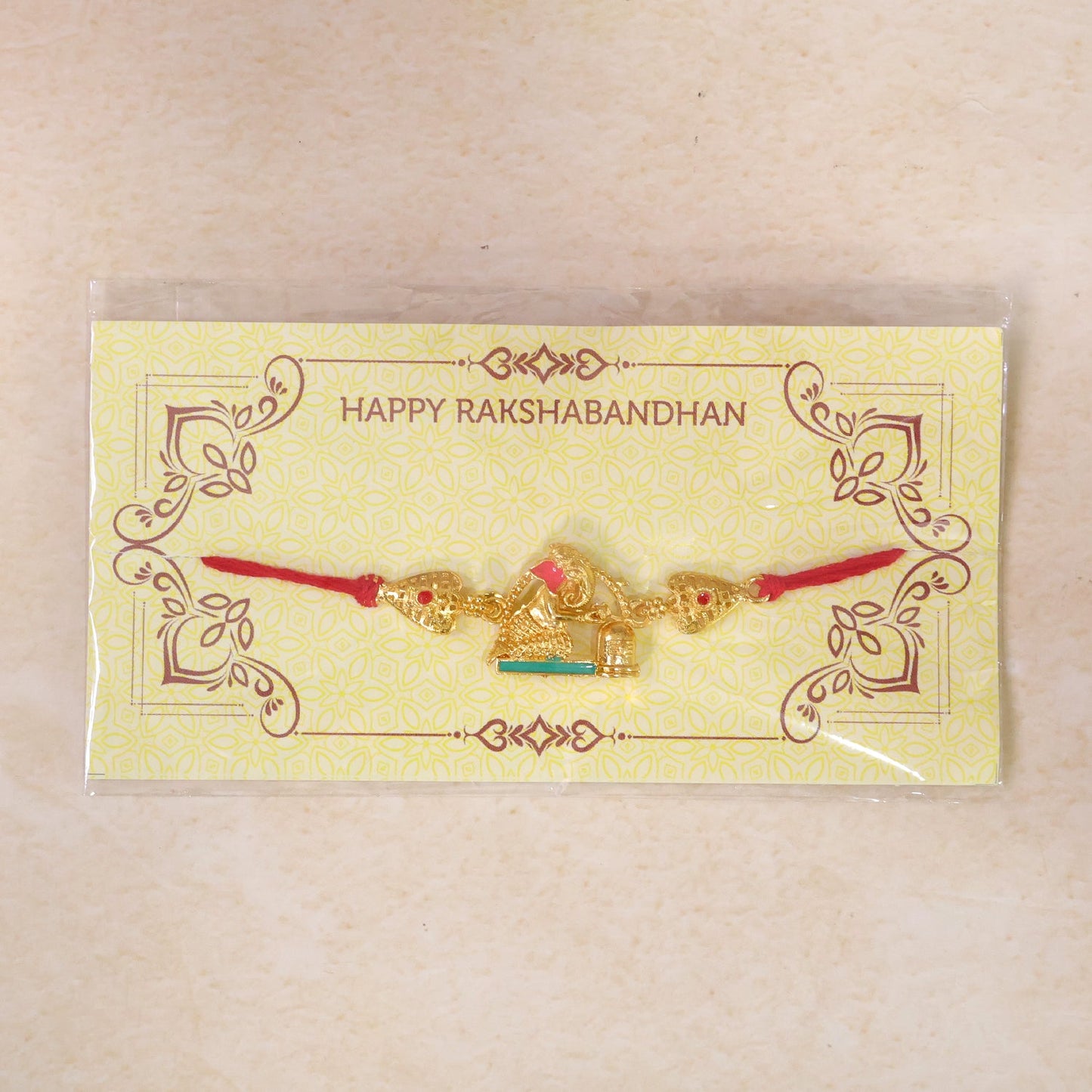 Golden Ganesh Shivling Idol Filigree Enamel Stone Traditional Rakhi