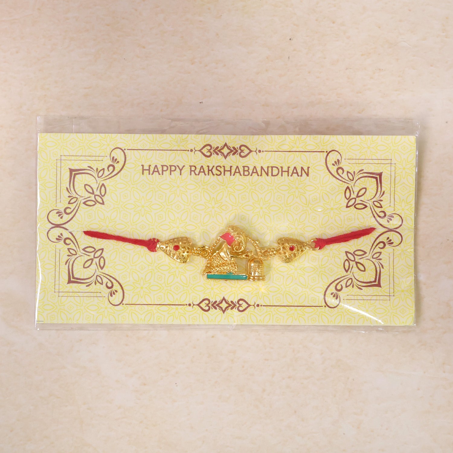 Golden Ganesh Shivling Idol Filigree Enamel Stone Traditional Rakhi