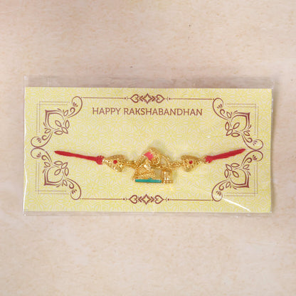Golden Ganesh Shivling Idol Filigree Enamel Stone Traditional Rakhi