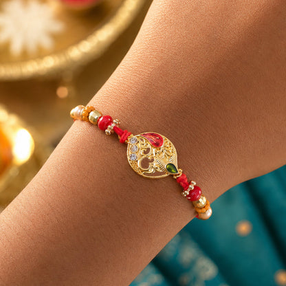 Leaf Om Om Designer Rakhi with Pearl Beaded Festive Detail Pattern